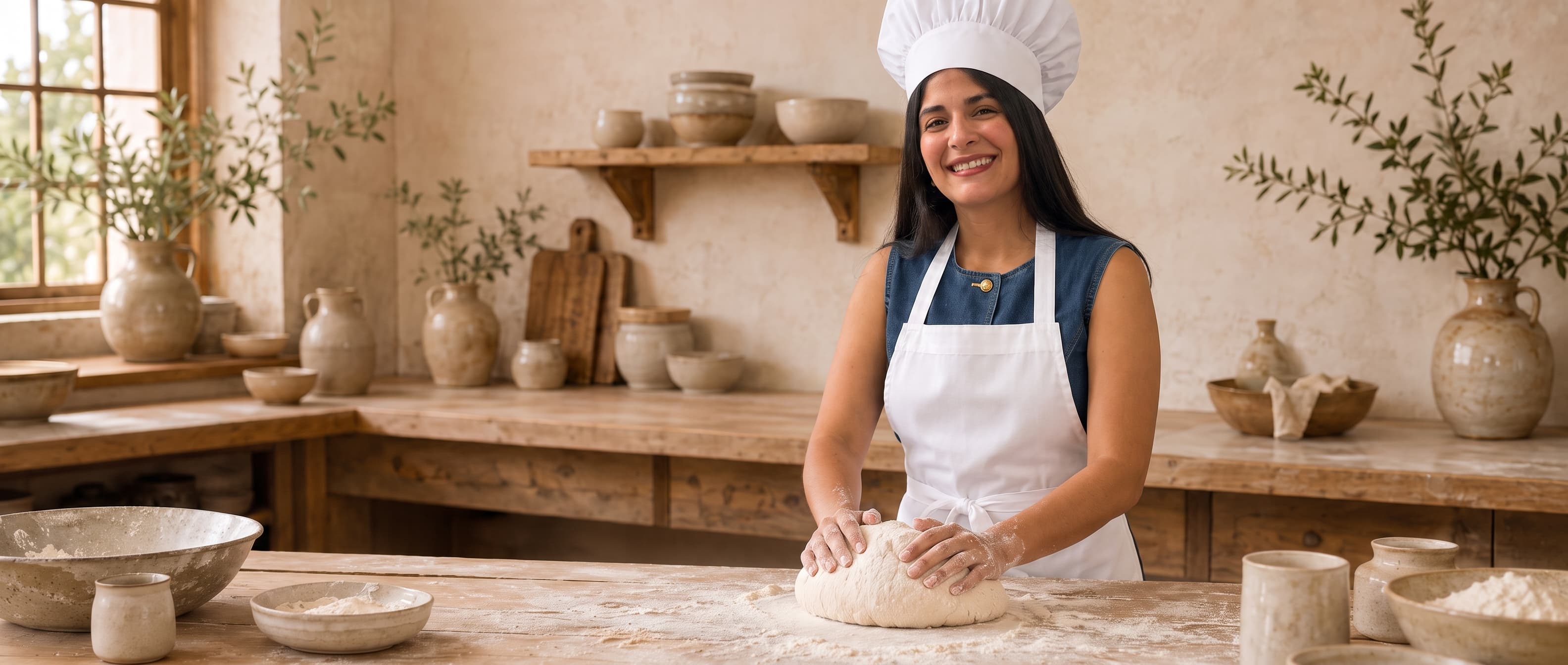 Lia preparing dough in the bakery